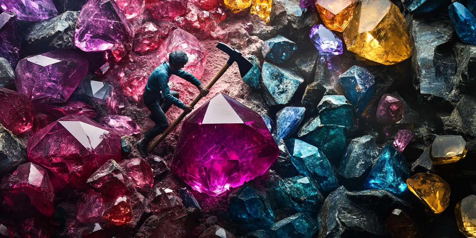 Multi-colored gems being broken apart with a pickaxe.